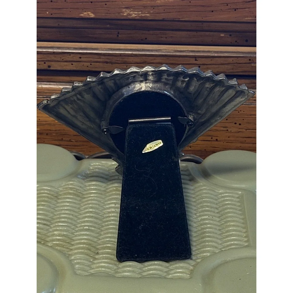 Vintage Fan Shaped Pewter Tone Metal Photo Frame Rose Floral Faux Pearl Accent